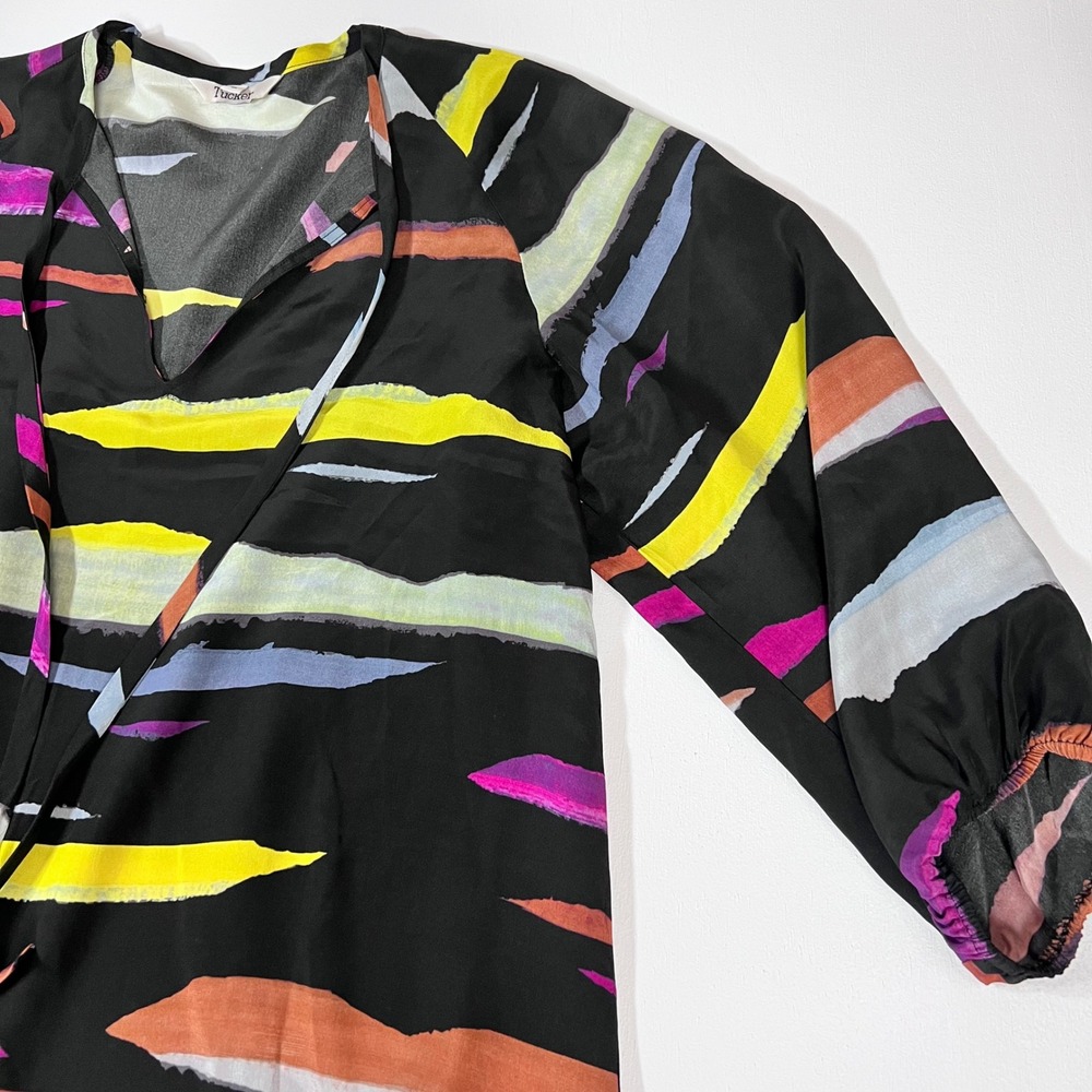 Tucker Silk Blouse M Black Multicolor Abstract Art to Wear Tie Neck - Picture 11 of 16